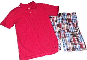 Boys GYMBOREE plaid patchwork shorts FG red polo shirt 12 outfit July 4th blue - Picture 1 of 4