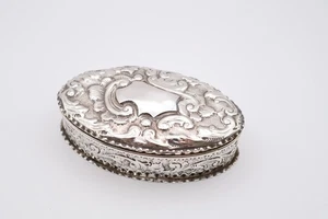 Antiguo joyero de baratija ovalado de plata de ley con sello Londres 1884 - Imagen 1 de 19