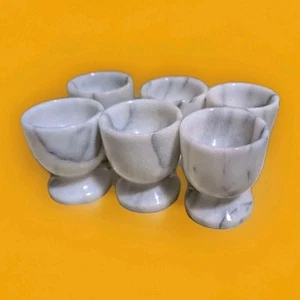 Egg Cups Set Of 6, 2" Tall Solid Marble White & Grey Heavy Collectable Vintage - Picture 1 of 3