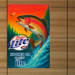 Letrero de metal Miller Lite cerveza temática pesca bar pub hombre cueva decoración coleccionable - Imagen 1 de 2