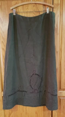 Falda Cabi marrón topo 100 % lino bordada media pantorrilla talla 12 Foto 1 de 4