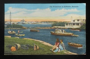 1940er Jahre The Waterfront alte Boote Fahrräder Saltkettle Bermuda Postkarte - Bild 1 von 1
