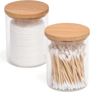 2 Pack Glass Qtip Holder Dispenser Bathroom Jars with Bamboo Lids, Cotton Ball P - Picture 1 of 7