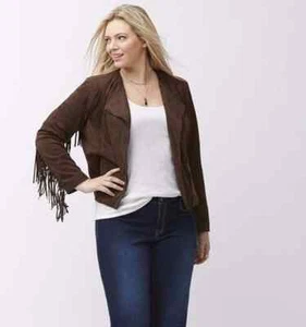 LANE BRYANT Fringed Faux Suede Jacket 22/24 26/28 Women's Brown Moto Spring/Fall - Picture 1 of 10