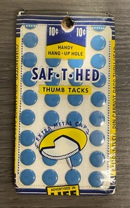 Vintage 1952 Saf-T-Hed Thumb Tacks 32 Pack Blue - NOS New Old Stock - Picture 1 of 3