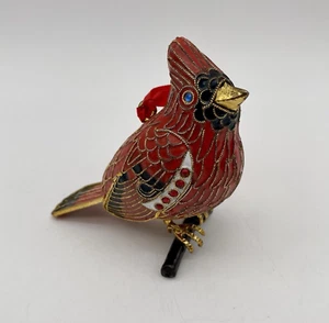 3.5” Cloisonne Metal Perched Red Cardinal Bird Christmas Tree Ornament - Picture 1 of 11