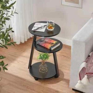 Black Round End Table Side Table with Metal Frame and 3-Tier Shelves - Picture 1 of 1