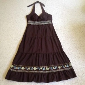 Halter Dress w/Embroidered Trim SunDress Women's sz 9 Cotton Chocolate Brown - Picture 1 of 5