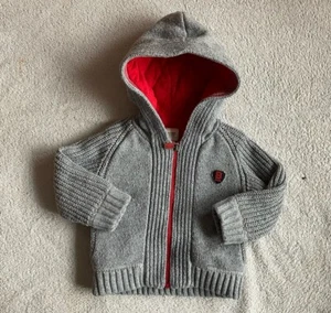 Ted Baker Baby Boy Cardigan Jacket Grey Red Zipped Pockets Hood 6-9 Month - Picture 1 of 9