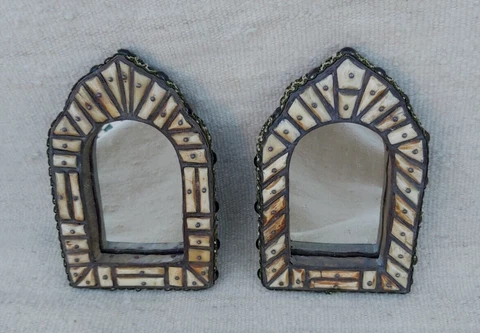Set Of 2 Antique Moroccan Handmade Bone Camel Inlaid Wall Hanging Mirror Cover