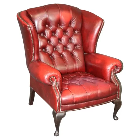 Oxblood Tufted Leather Chesterfield Style Wing Chair Queen Anne, circa 1960 Cover