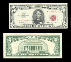 1963 $5 Dollar Bill Red Seal Legal Tender Old US Paper Money Note Very Nice VF+ - Picture 1 of 1