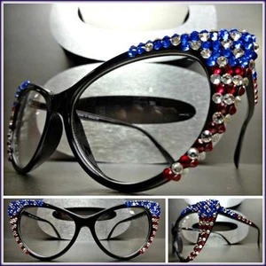 VINTAGE CAT EYE Style Clear Lens FASHION EYE GLASSES Handmade PATRIOTIC Frame - Picture 1 of 11