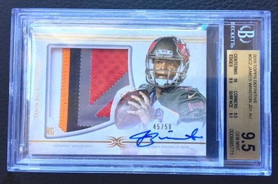 #/50 Jameis Winston BGS 9,5 GEM 2015 Topps Definitive White Patch Auto RC #DC-2 Foto 1 de 2