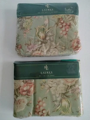 Ralph Lauren Charlotte Floral Verde King Sábana Plana y Ajustable Nueva Foto 1 de 4