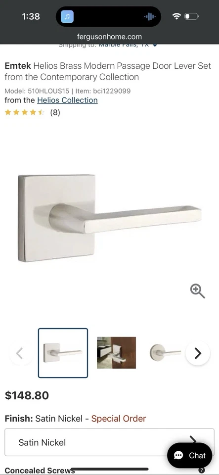 Roseta cuadrada con palanca Emtek Helios, sin asas Striker solo níquel satinado, izquierda H Foto 1 de 3