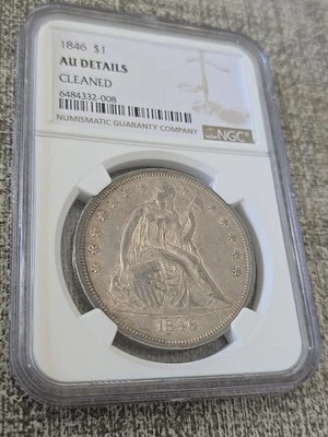 1846 Liberty Seated Silver Dollar NGC AU Details Cleaned  - Image 1 of 4
