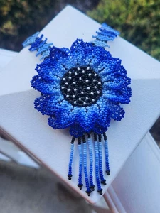 Handmade Artisan Mexican Huichol Glass Seed Bead Necklace – Blue Flower Pendant - Picture 1 of 15