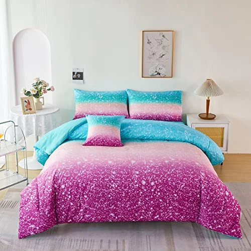  Juego de edredón de 6 piezas con brillo para niñas talla doble degradado tie dye púrpura azul  Foto 1 de 4