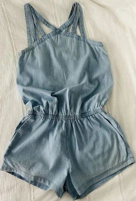 Fabletics Size XS LIZA ROMPER Extra Small COTTON CHAMBRAY Fade Denim Strappy ZIP - Image 1 of 4