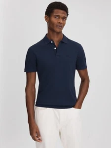 REISS Mens Polo Shirt Peters Blue Garment Dyed Embroidered Slim Fit Logo T-shirt - Picture 1 of 6
