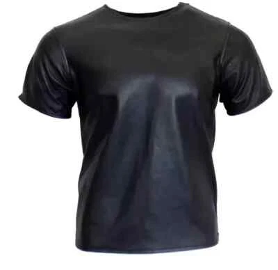 Camiseta para Hombres Negra Elegante Hecha a Mano Piel de Cordero Cuero Genuino Informal Suave Verano Foto 1 de 4