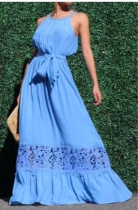 Blue Casual Beach round Neck Soft Long Maxi Dress - Picture 1 of 5