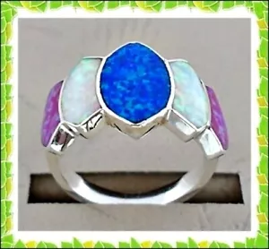 ELEGANTE HANDGEFERTIGTE FEURIGE ROSA/BLAU/WEISSE OPAL-INLAY 0,925 SILBERRING GRÖSSE-7 - Bild 1 von 5