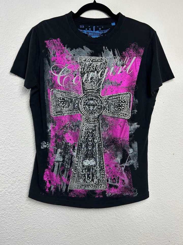 Camisa Vaquera Rock & Roll Mujer L Negra Rosa Cruz Gráfica Y2K Grunge Punk Foto 1 de 4