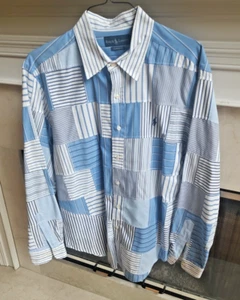Vintage XL Polo Ralph Lauren Blue Stripe Patch Work Plaid Madras Shirt LS - Picture 1 of 5