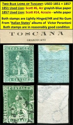 ДВА ЛЬВА ТОСКАНЫ НА ДВУХ ЦВЕТНЫХ БУМАГАХ - 1851 Скотт #6 - 1857 Скотт #14/B2 - Изображение 1 из 4