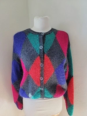 Vtg Hand Knit Argyle Mohair Blend Fuzzy Cropped Cardigan Sweater Size Petite S - Image 1 of 4