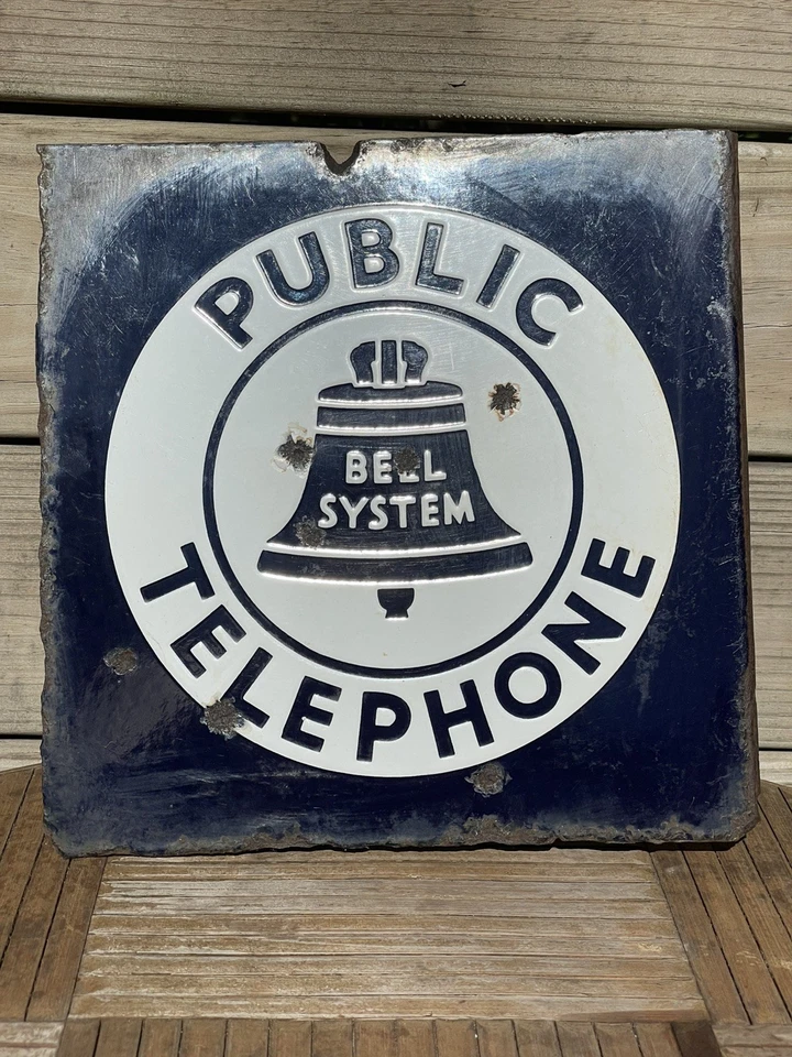 Original Vintage Bell System Public Telephone 2 Side Flange Metal Porcelain Sign - Image 1 of 4