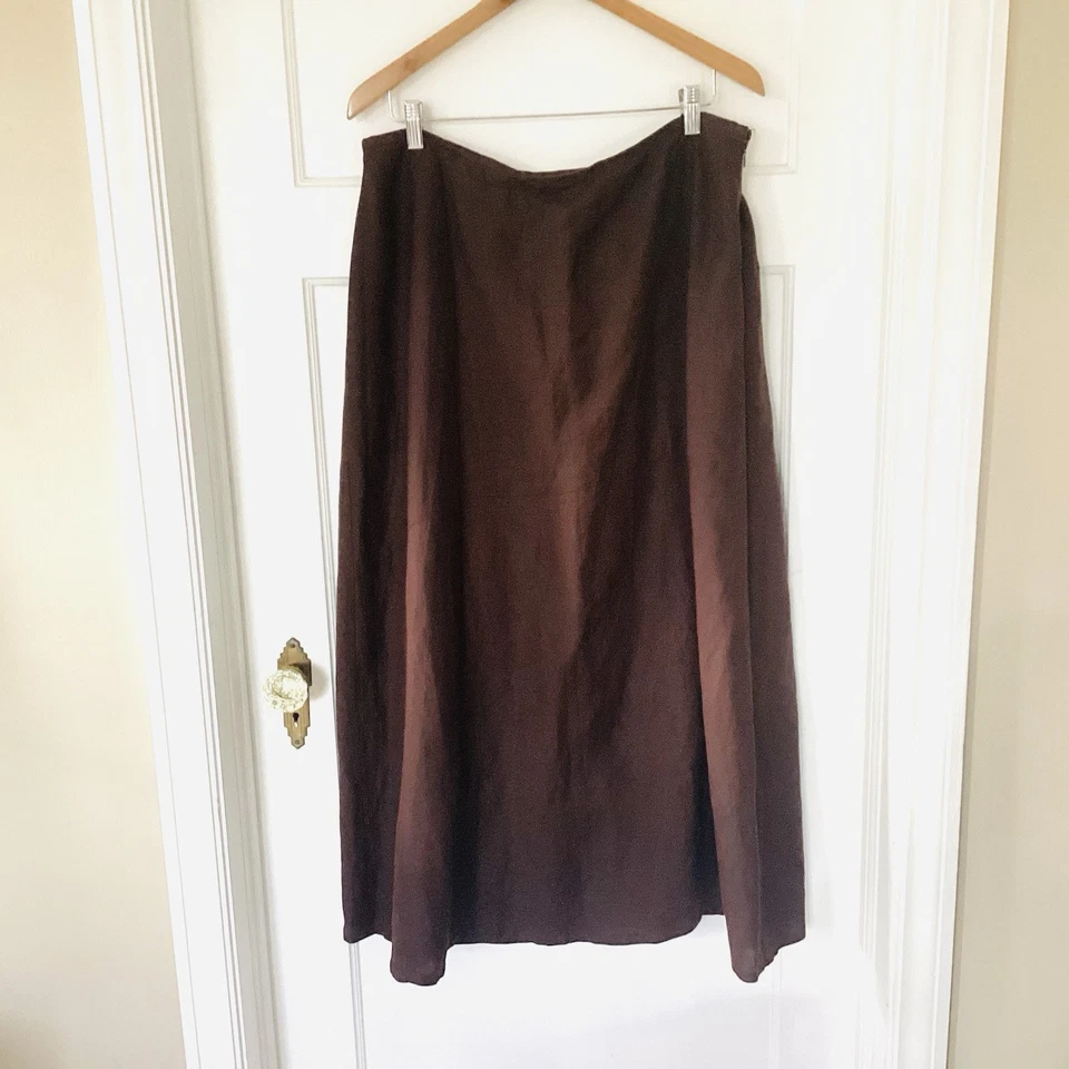 Women's 14 W Long Linen Blend Skirt A-Line Modest Chocolate Brown Zipper Lined - Image 1 of 4