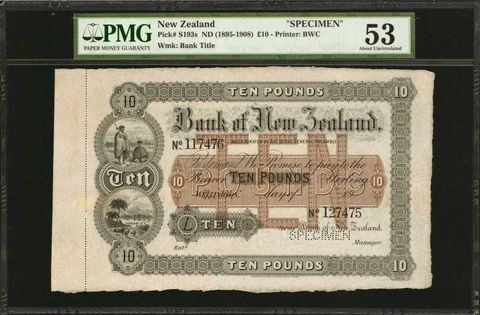 NEW ZEALAND Wellington 10 Pounds, ND (1895-1908). P-S193s. Specimen. PMG AU 53 Cover