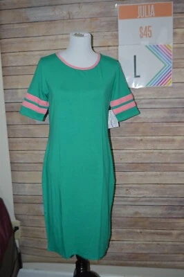 Vestido Julia LuLaRoe Nuevo con Etiquetas Talla Grande Ajustado Verde con Rayas Rosas en las Mangas Foto 1 de 4