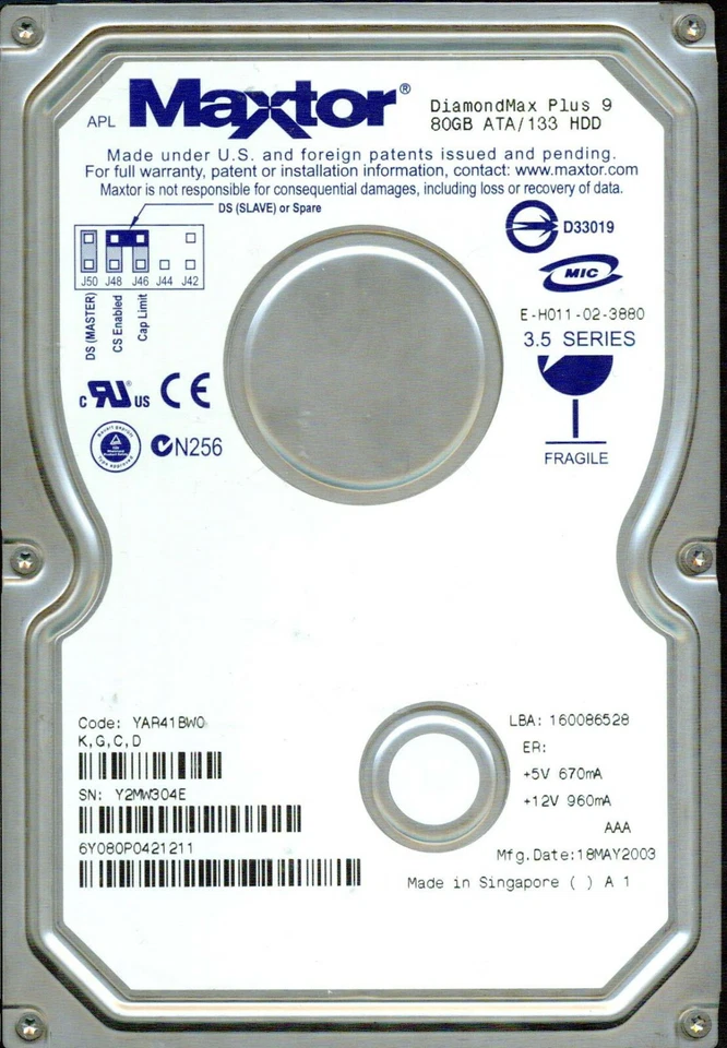 YAR41BW0  6Y080P0421211  KGCD  Maxtor 3.5 IDE 80GB MAY 2003 - Image 1 of 1