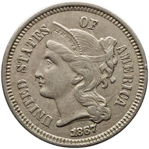 1867 3 Cents Nickel USA Coin Overstruck (MO2702-) - Picture 1 of 3