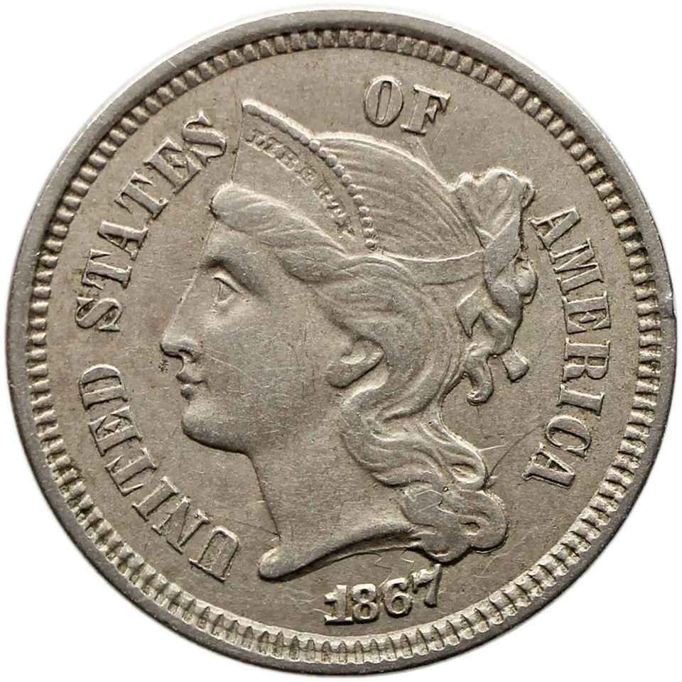 1867 3 Cents Nickel USA Coin Overstruck (MO2702-) - Image 1 of 3
