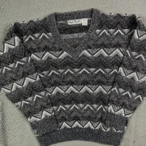 Vintage 90s BUGLE BOY V Neck Sweater Knit Abstract Gray Grandpa Grunge Sz M - Picture 1 of 5