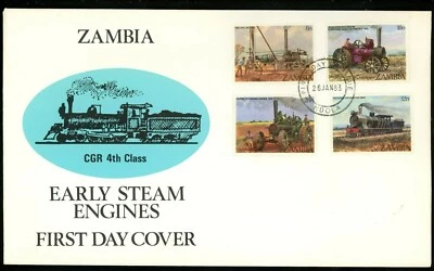 Postal History Zambia FDC Scott #272-275 trains railroads engines 1983 - Image 1 of 2