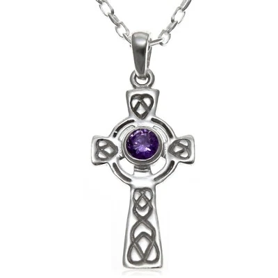 Sterling silver purple amethyst Celtic Cross pendant necklace with 18" chain - Image 1 of 4