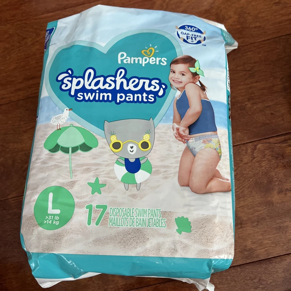 Pampers Splashers Disposable Swim Pants Diapers Size Large 17 Count Gap- Fit