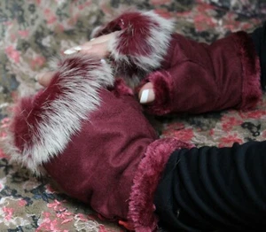 Cozy Fur Fingerless Gloves Trimmed & Lined Vegan Leather Lace Up Adjustable  - Picture 1 of 67