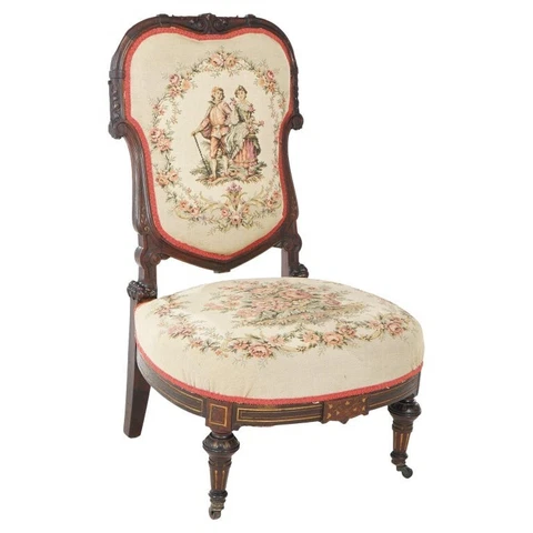 Antique Victorian Rosewood & Gilt Incised Tapestry Slipper Chair, 19th Century Cover