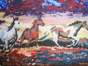 Sunset Needlepoint Stretched Wood Bars Painted Canvas Horses 14 Mesh - Picture 1 of 3