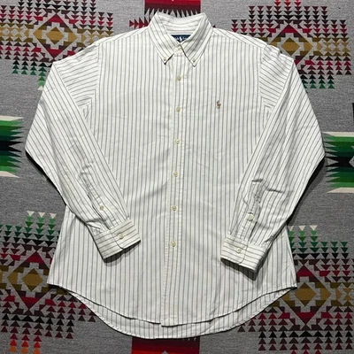 Camisa Polo Ralph Lauren Para Hombres Con Botones Mediana Blanca Gris Rayas Poni Logo A8 Foto 1 de 4