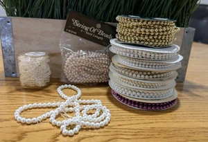 Vintage Lot Of String Beads Faux Pearls Trim Sewing Crafts Wreath Making - Picture 1 of 7