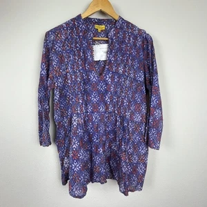 NWT Roberta Roller Rabbit Irina Top M Blue Rust Cotton Boho Pintuck Beaded Trim - Picture 1 of 9