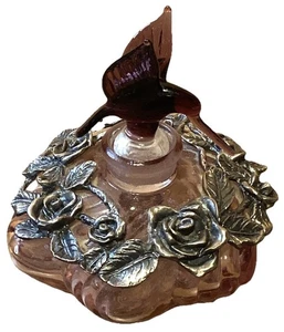 Vintage Amethyst Glass Hummingbird Dab Perfume Bottle Pewter Roses Empty - Picture 1 of 7
